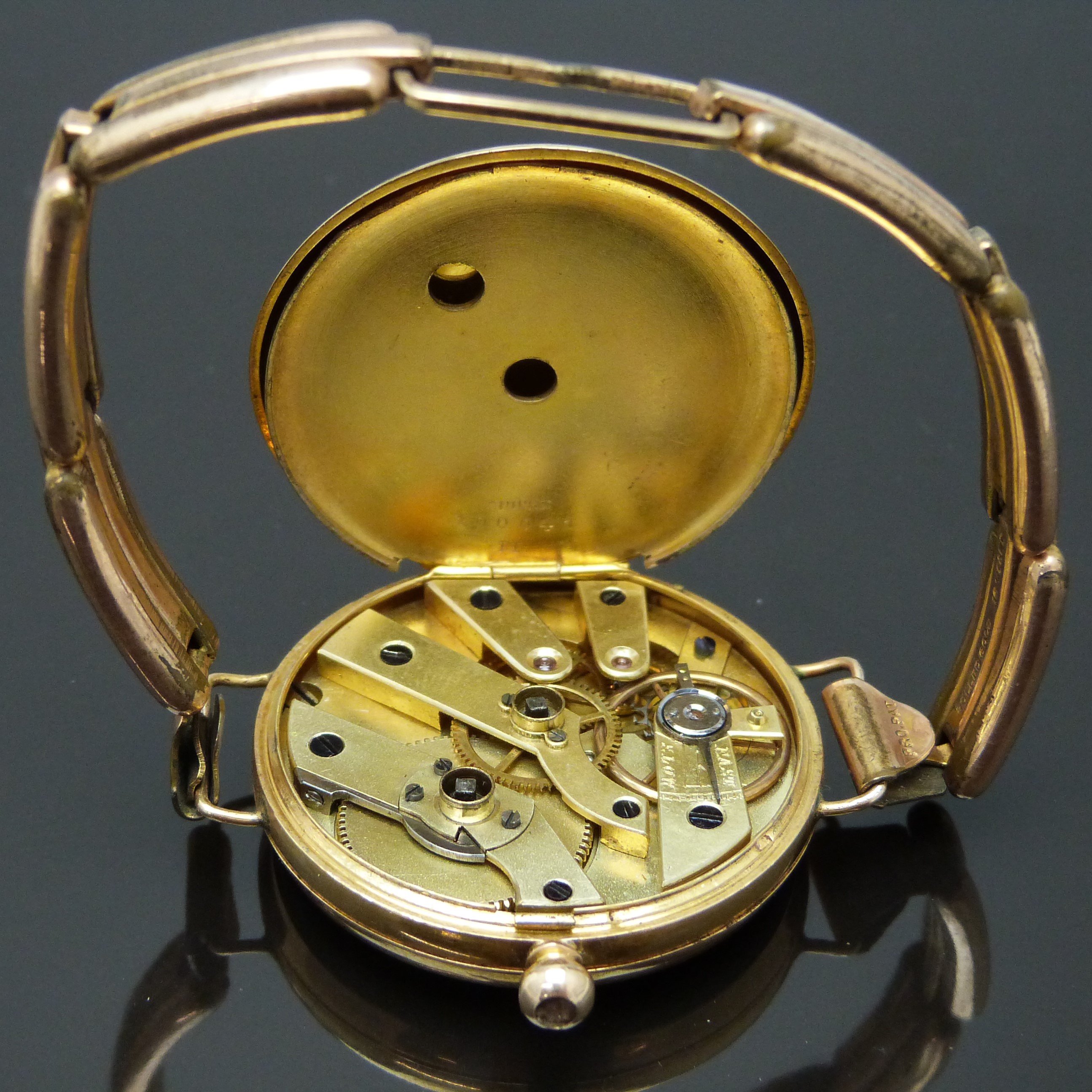 Continental 14ct gold open faced pocket watch converted to a wristwatch with blued hands, black - Image 4 of 4