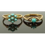 Two 9ct gold rings set with turquoise, size M & N, 3.49g