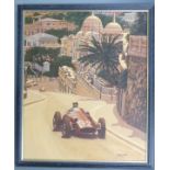 Tim Layzell (b1981) acrylic on canvas "Monaco Maestro" Fangio climbs away in his 250F Maserati at