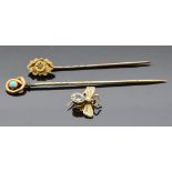Two 9ct gold Victorian stick pins and a Victorian fly brooch/ pin set with aquamarine and seed