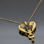 Art Nouveau 15ct gold pendant set with seed pearls and a cushion cut tourmaline with a further