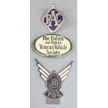 Enfield and District Veteran Vehicle Society enamel badge, width 10.5cm, enamel RAC badge and a