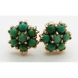 A pair of 9ct gold earrings set with turquoise cabochons in a cluster, 2.5g