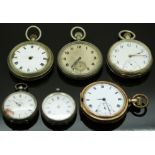 Six various pocket watches comprising a gold plated full hunter, two continental silver ladies fobs,