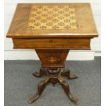 Victorian Tunbridge ware walnut games table with chess board top opening to reveal a tooled