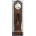 Early to mid 20thC oak cased Grandmother clock, the silvered Arabic dial with bold numerals and