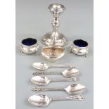 George V pair of hallmarked silver salts with blue glass liners, Chester 1913 maker James Deakin &