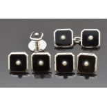 A set of 9ct white gold Art Deco buttons, a stud and a cufflink, all set with onyx and a pearl to