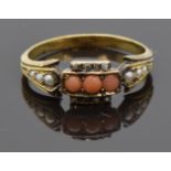 Georgian / Victorian yellow metal ring set with coral, seed pearls and diamonds, size M