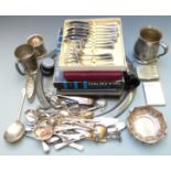Silver plated ware including cutlery, trophies, Victorian berry spoons with matching picks, pewter