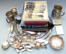 Silver plated ware including cutlery, trophies, Victorian berry spoons with matching picks, pewter