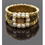 Georgian / Victorian mourning ring set with pearls and black enamel to the band reading "In Memory