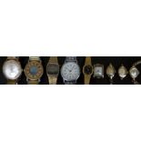 Nine various ladies and gentleman's wristwatches including one 9ct gold Art Deco style example.