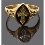 Victorian 15ct gold ring set with black enamel and old cut diamonds in a cross, Birmingham 1873,