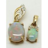 Two 9ct gold pendants set with black opals and diamonds, 2.8g