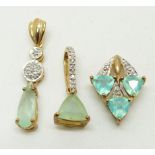 Two 9ct gold pendants set with Paraiba opals and diamonds and a 9ct gold pendant set with Paraiba