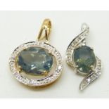 Two 9ct gold pendants set with blue fire opal and diamonds, 3.3g