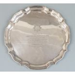 Hallmarked silver tray with shaped edge and Cheshire Regiment military interest inscription,