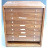 Mahogany nine drawer collector's cabinet with removable front, W44 x D35 x H50cm.