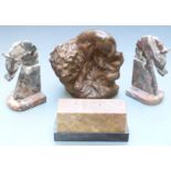 Pair of carved soapstone horse head bookends, height 20cm, terracotta figure of a lion and a