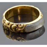 Victorian mourning ring set with plaited hair in a glass compartment, with embossed foliate