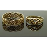 Two 9ct gold rings of Celtic design, size L & S/T, 4.12g