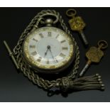 Silver open faced pocket watch with blued hands, gold Roman numerals, gilt floral decoration,