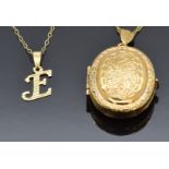 A 9ct gold locket and chain and a 9ct gold 'E' pendant and chain, 5.5g