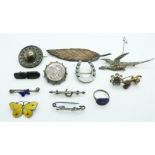 A collection of silver brooches including enamel butterfly set, marcasite pheasant, Victorian