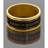 Georgian 18ct gold mourning ring set with black enamel reading "Samuel Williams Ob 27th April 1807