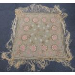 A 19th/20thC Chinese pale apricot coloured shawl with embroidered chrysanthemum decoration and