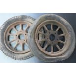 Pair of veteran or vintage car artillery wheels fitted with 20 inch tyres