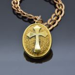 Victorian locket with textured background and cross decoration on gold plated bracelet