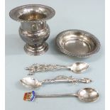 White metal pin dish together with a matching vase, two spoons marked 915 and a hallmarked silver