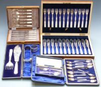Three cased sets of mother of pearl handled cutlery, further silver plated ware including Mappin &