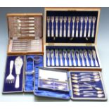 Three cased sets of mother of pearl handled cutlery, further silver plated ware including Mappin &