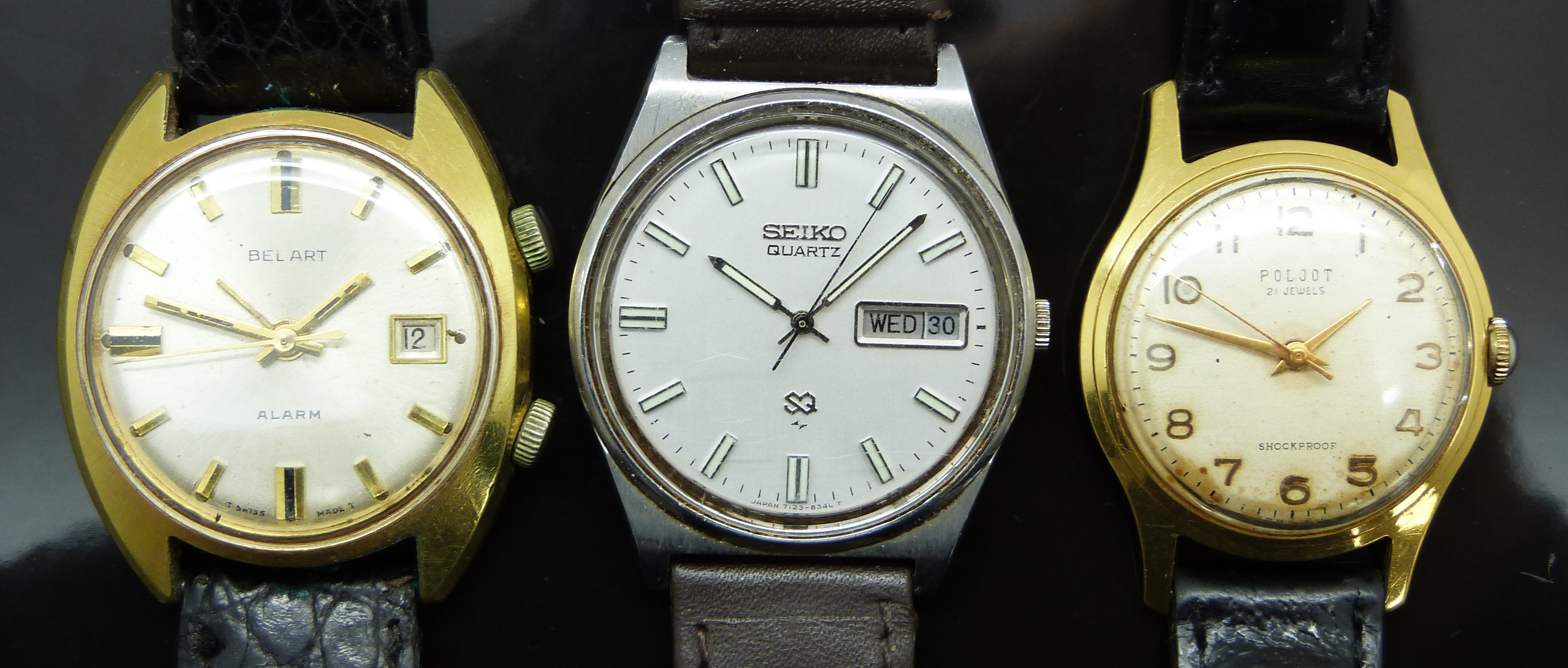 Three gentleman's wristwatches comprising Seiko SQ ref. 7123-8300-P, Belart Alarm and a Poljot,