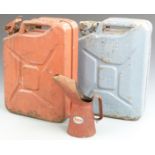 Two Jerry cans, one War Department dated 1952 and marked Water, together with an Esso oil jug,