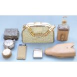 Stratton clutch bag, 'Rachel' vintage powder pot, glass perfume bottle in leather case, white