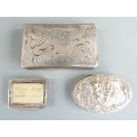 Three continental white metal snuff and trinket boxes, length of largest 7cm, weight of all three
