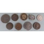 Small collection of coins to include Queen Anne 1711 shilling, William IV farthing, George III