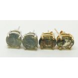 Two pairs of 9ct gold earrings set with green fire opals, 3.2g