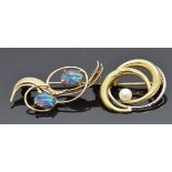 Two 9ct gold brooches, one set with a pearl the other opal triplets, 4.7g
