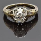 Art Deco ring set with an old cut cushion cut diamond of approximately 0.7ct in a pierced setting,