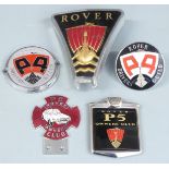 Five Rover car badges including P6 Owners Club enamel example, height 9.5cm, P4 Drivers Guild, and