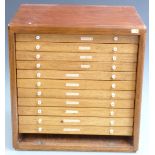 Mahogany eleven drawer collector's cabinet with removable front, W45 x D34 x H46cm.