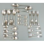 Georgian harlequin canteen of Onslow pattern hallmarked silver cutlery, most being bottom marked,