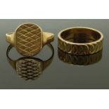A 9ct gold ring and a 9ct gold signet ring with textured decoration, size O/P & V, 6.37g