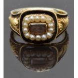 William IV mourning ring set with plaited hair to the centre surrounded by seed pearls and black