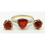 A 9ct gold ring set with a trilliant cut Salamanca fire opal and diamonds and a pair of 9ct gold